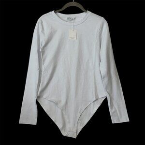 Mangopop Women Long Sleeve Bodysuit Sz M White T Shirt Basic Top Crew Neck Neck